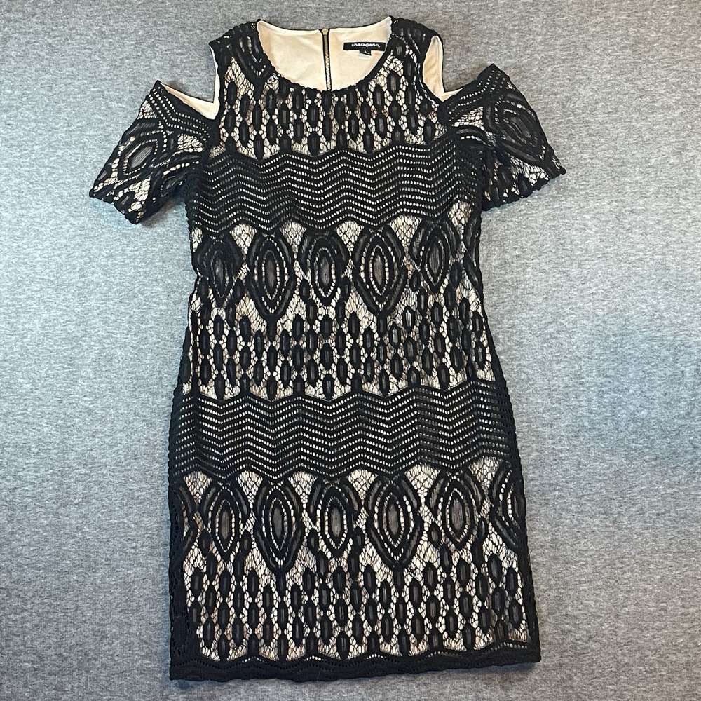 Sharagano Black Lace over Nude Dress Cold Shoulder Sheath Cocktail Size 8